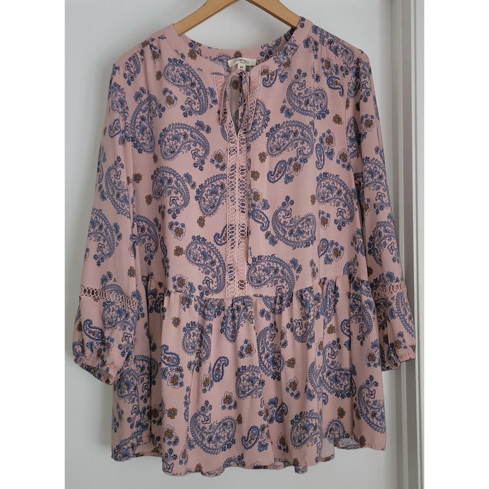 Como Blu Women Blouse 2X Tunic Pink Blue Paisley Print Lace Details Romantic